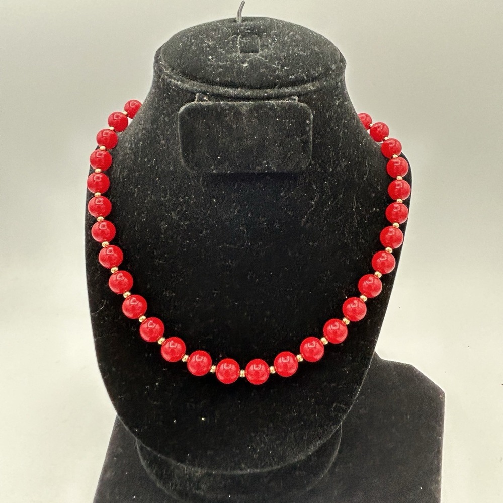 Vintage Monet Necklace Cherry Red Beads Gold Tone Clasp‎ Choker 18 Inch